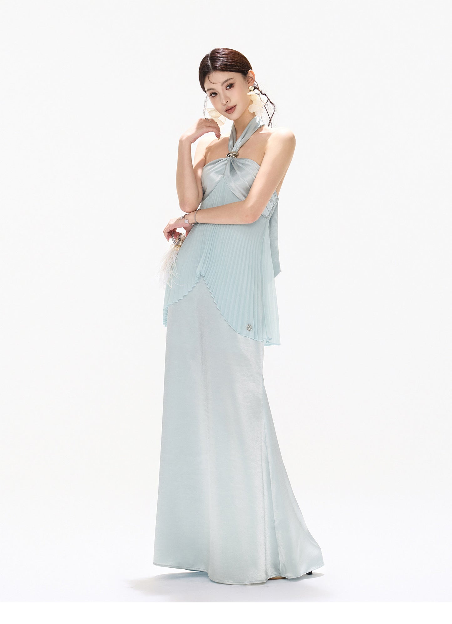 MIST BLUE PLEATED HALTER DRESS