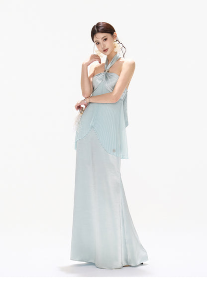 MIST BLUE PLEATED HALTER DRESS