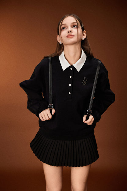 FAKE TWO PIECE POLO SWEATER & PLEATED MINI SKIRT