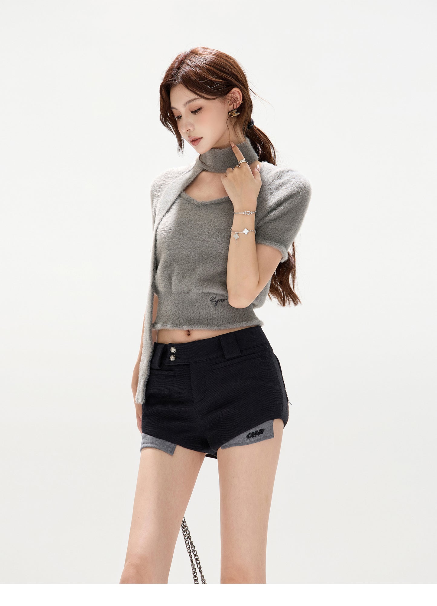 COZY TIE-FRONT HEART NECK SWEATER & PATCH WOOL SHORTS SET