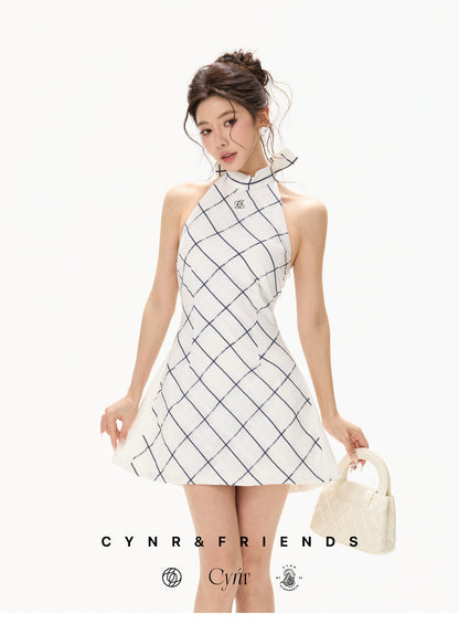 【日本在庫 】SILK HALTER CHECK DRESS