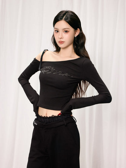 OFF-SHOULDER KNITTED RHINESTONE TOP & LACE PATCHWORK WIDE-LEG PANTS