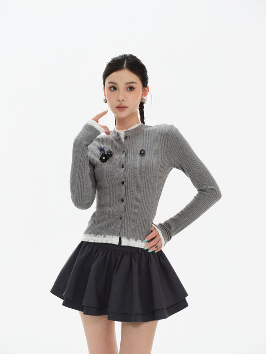 CELEBRITY LACE STITCHING KNIT CARDIGAN & HIGH WAIST PUFFY MINI SKIRT