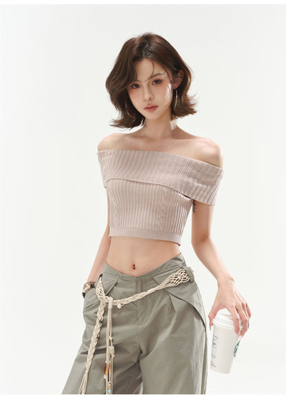 RETRO OFF-SHOULDER CABLE CROP TOP & LOW WAIST CARGO LOOSE PANTS