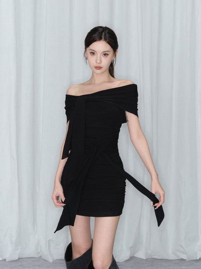 STRAPPED OFF SHOULDER SHEATH DRESS