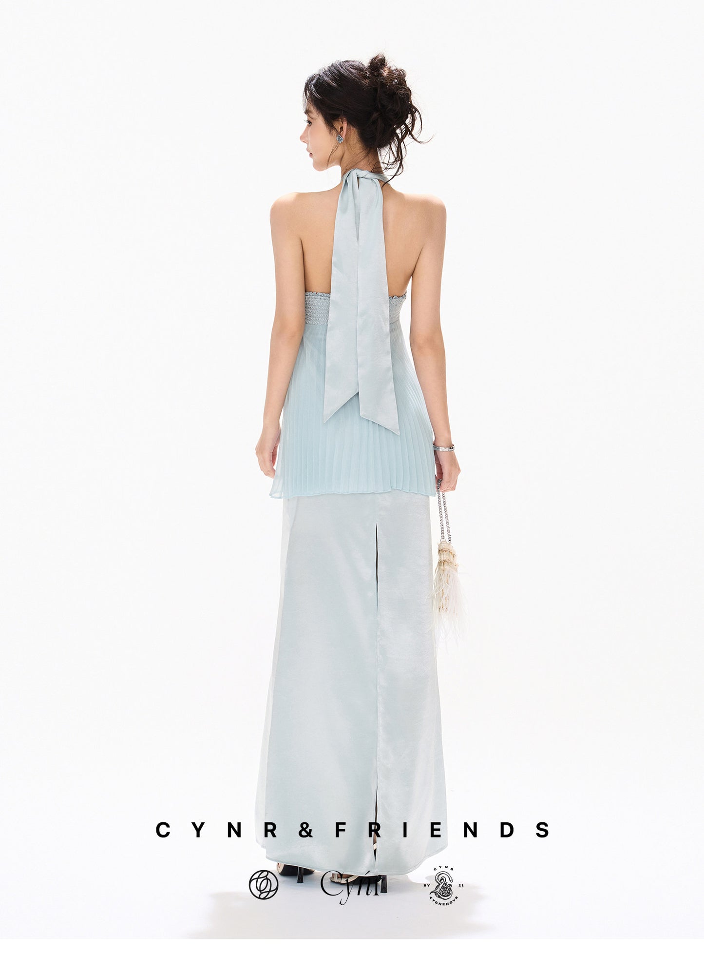 MIST BLUE PLEATED HALTER DRESS