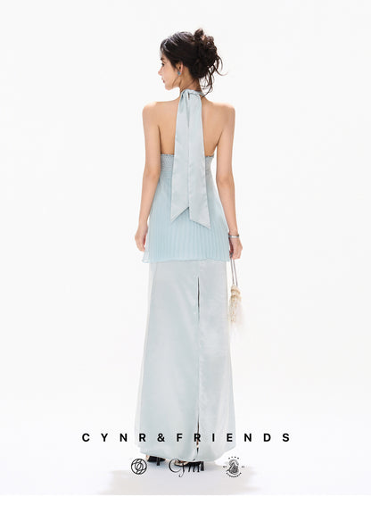 MIST BLUE PLEATED HALTER DRESS