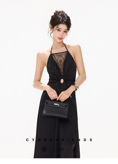 【日本在庫 】HALTER LACE SATIN DRESS