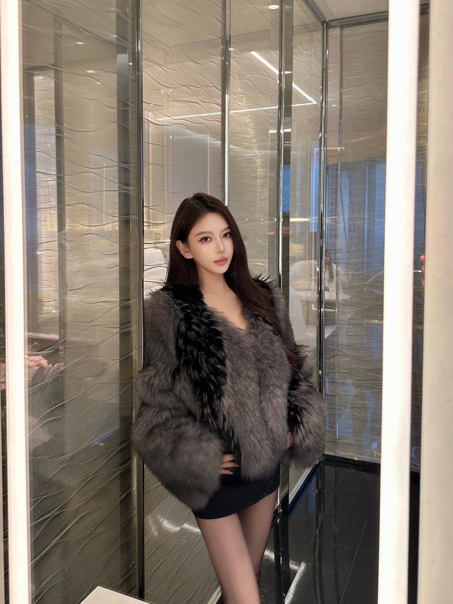 CRYSTAL BACKLESS EVENING DRESS & COLOR BLOCK ECO FUR JACKET