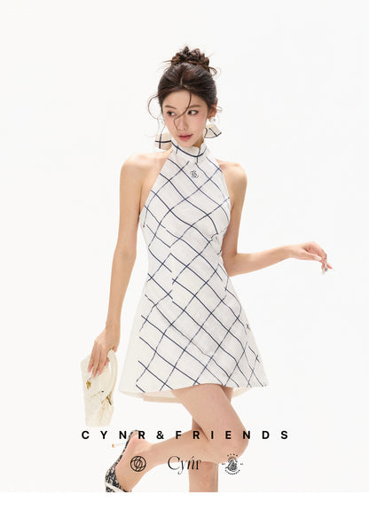 【日本在庫 】SILK HALTER CHECK DRESS