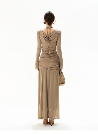 【日本在庫 】FRENCH HALTER KNIT TULLE MAXI DRESS