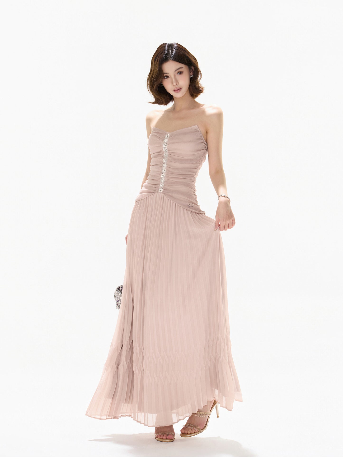 【日本在庫 】RHINESTONE PLEATED TULLE STRAPLESS DRESS