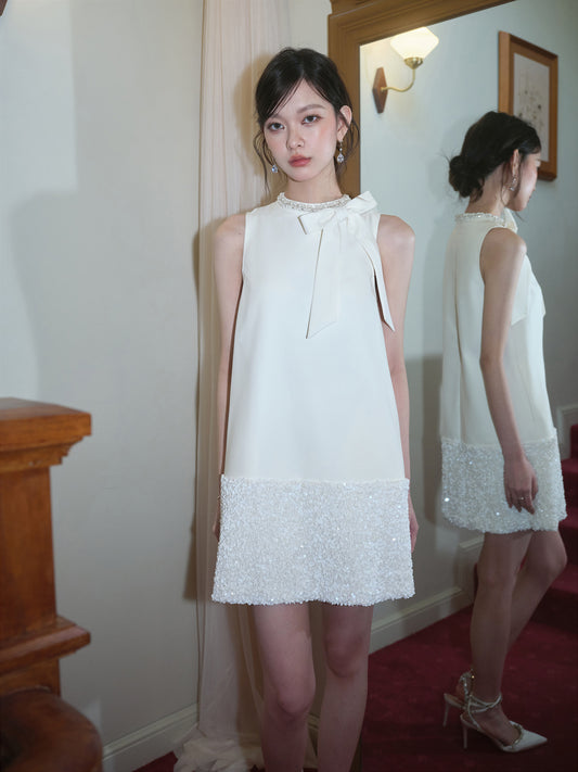 CELEBRITY-STYLE BOW SEQUINED VELVET DRESS