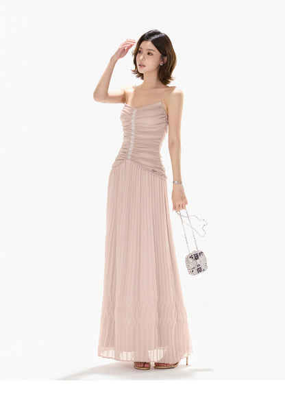 【日本在庫 】RHINESTONE PLEATED TULLE STRAPLESS DRESS