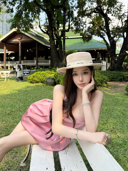 PINK SATIN LACE MINI DRESS