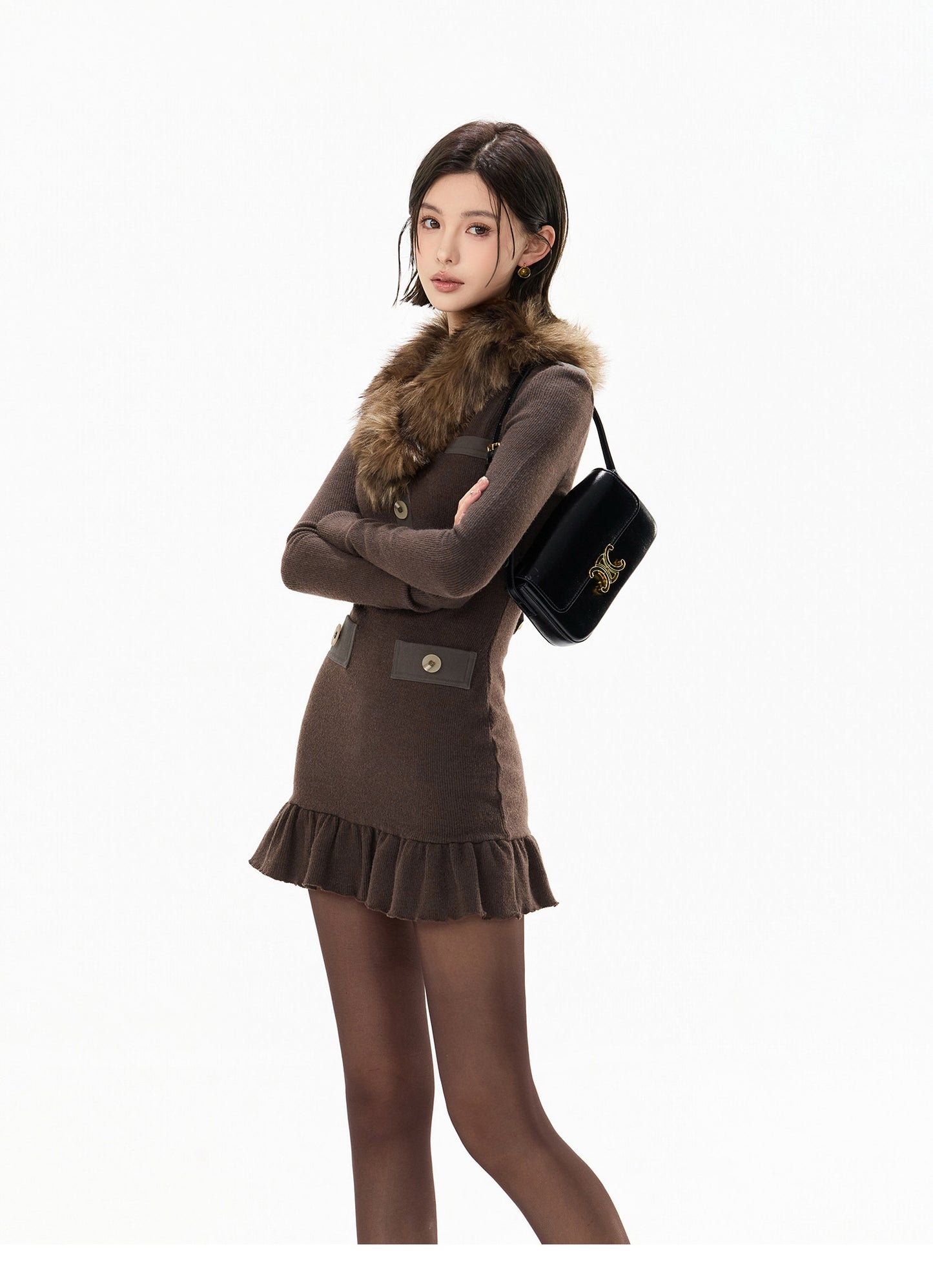 DETACHABLE FUR KNIT MINI DRESS