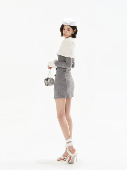 DETACHABLE FUR ONE-SHOULDER KNIT DRESS