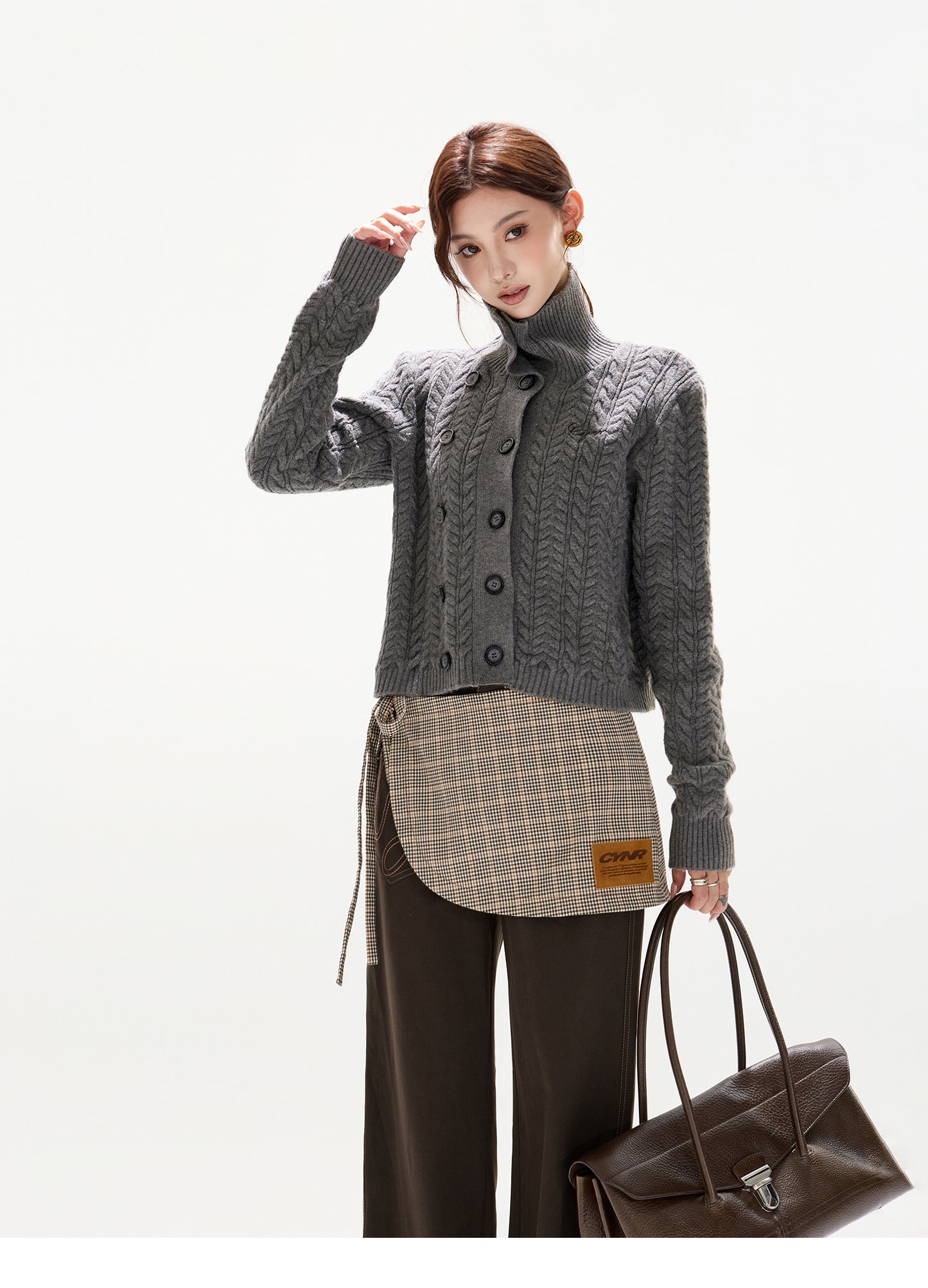 VINTAGE CABLE-KNIT HIGH-NECK WOOL CARDIGAN