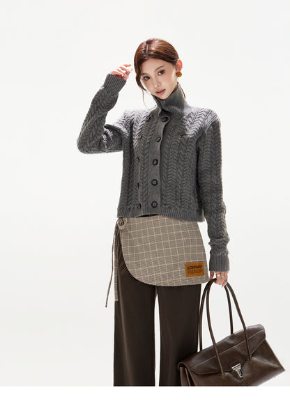 VINTAGE CABLE-KNIT HIGH-NECK WOOL CARDIGAN