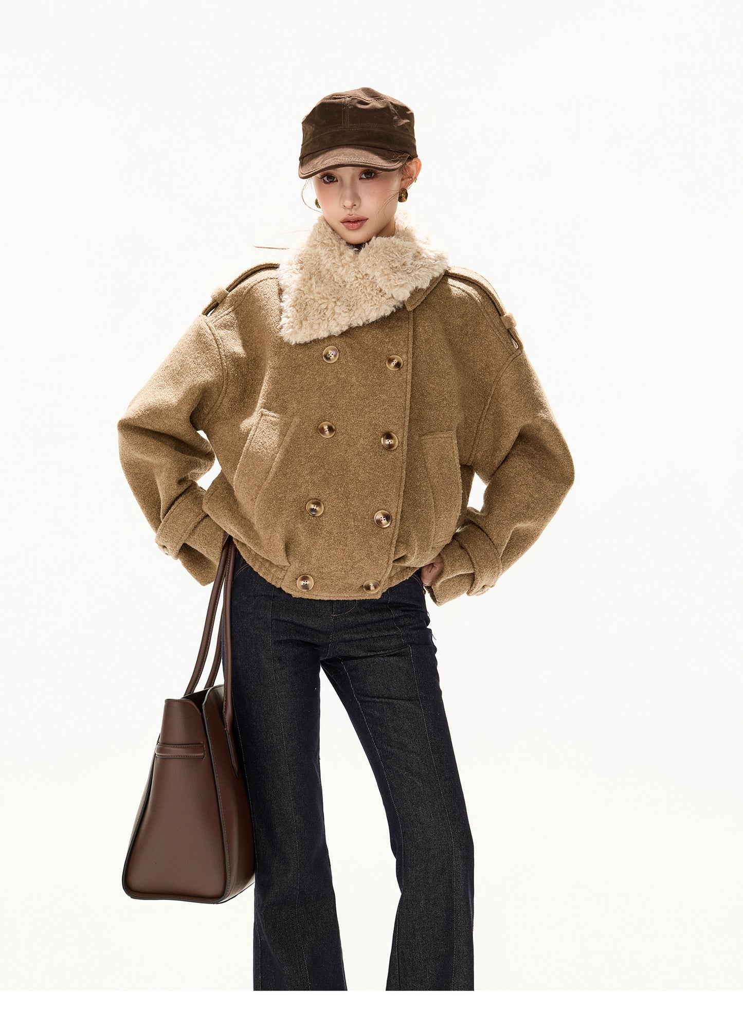 ASYMMETRIC FUR COLLAR WOOL COAT