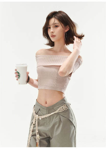 RETRO OFF-SHOULDER CABLE CROP TOP & LOW WAIST CARGO LOOSE PANTS