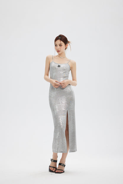 SILVER EMBROIDERY SPLIT DRESS