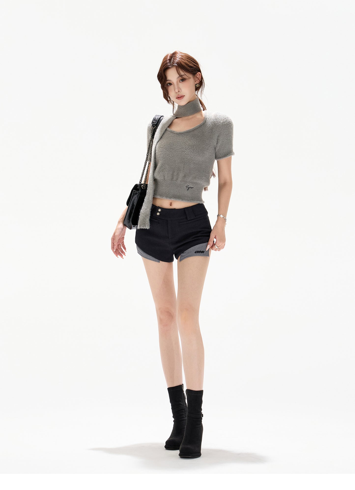 COZY TIE-FRONT HEART NECK SWEATER & PATCH WOOL SHORTS SET