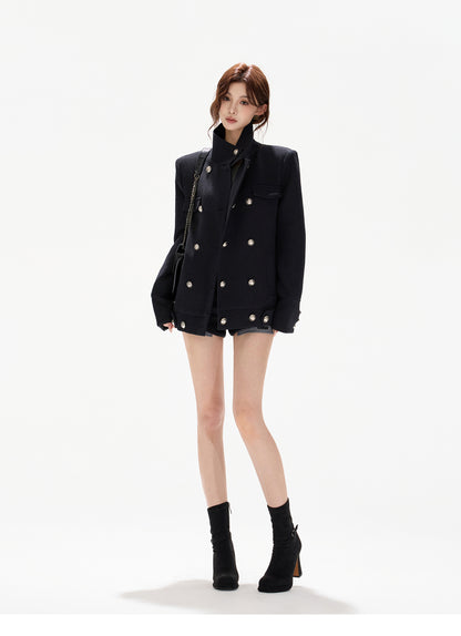 DOUBLE-BREASTED WOOL PADDED COAT WITH REMOVABLE FLEECE COLLAR