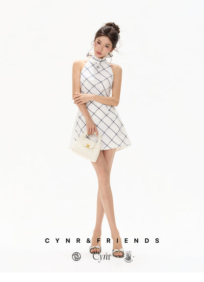 【日本在庫 】SILK HALTER CHECK DRESS