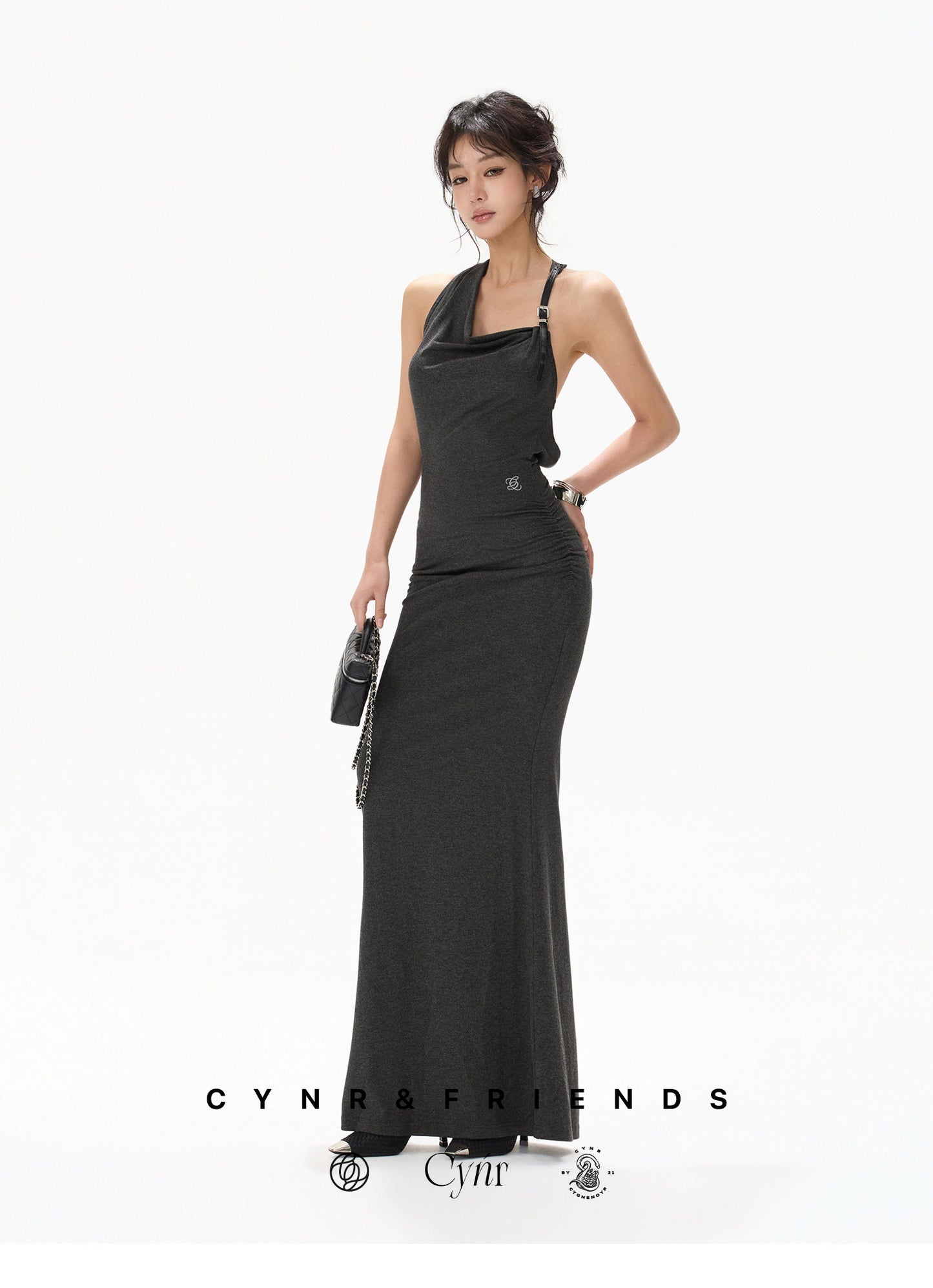 【日本在庫 】DARK GREY HALTER DRAPED KNIT DRESS