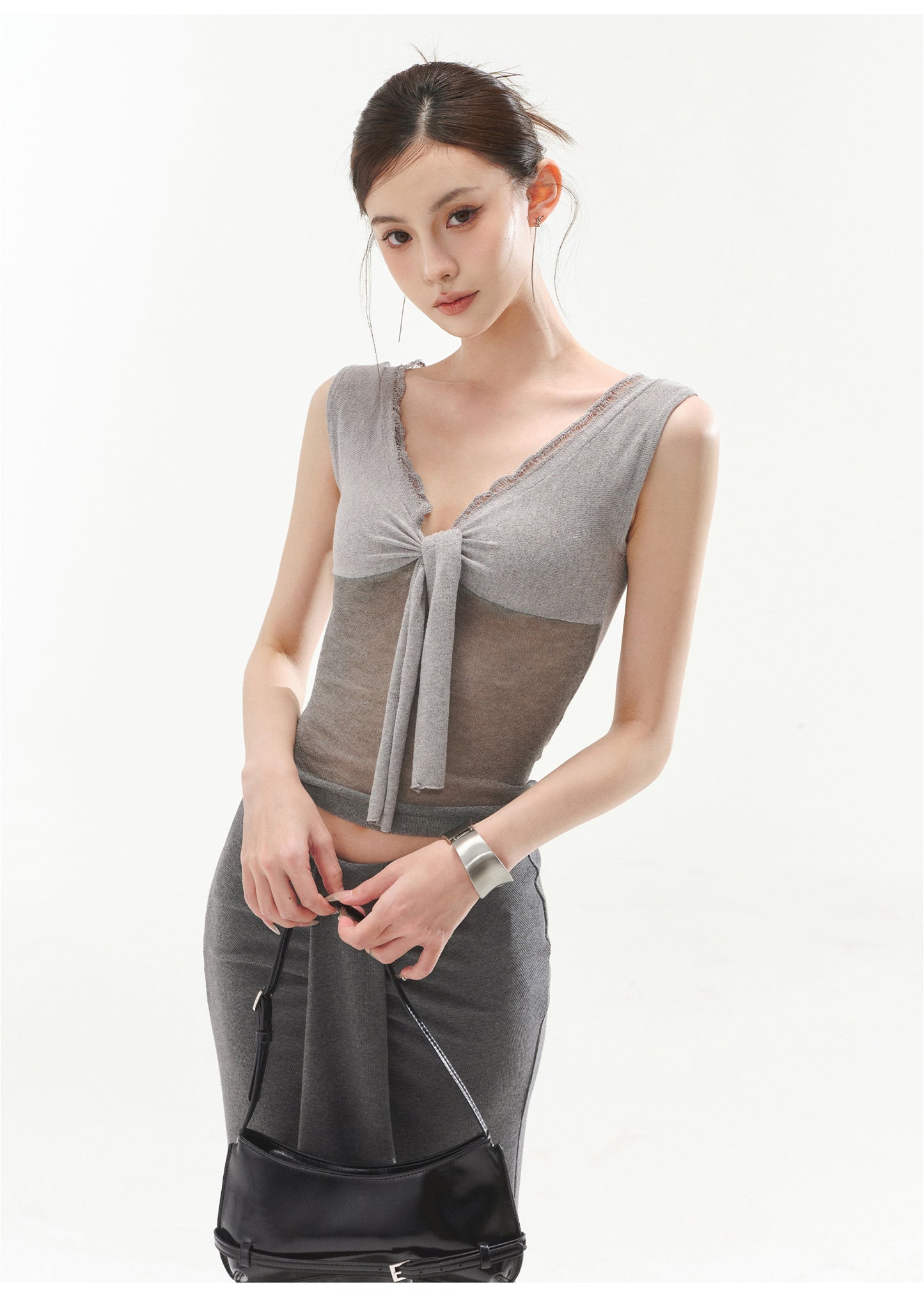 V-NECK SEXY RIBBED KNIT TANK TOP & LOW-RISE KNIT MERMAID BODYCON SKIRT