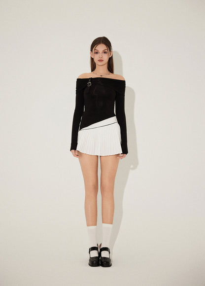 OFF SHOULDER L/S TEE & PLEATED MINI SKIRT