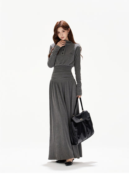 POLO COLLAR PLEATED WAIST A-LINE ONE-PIECE