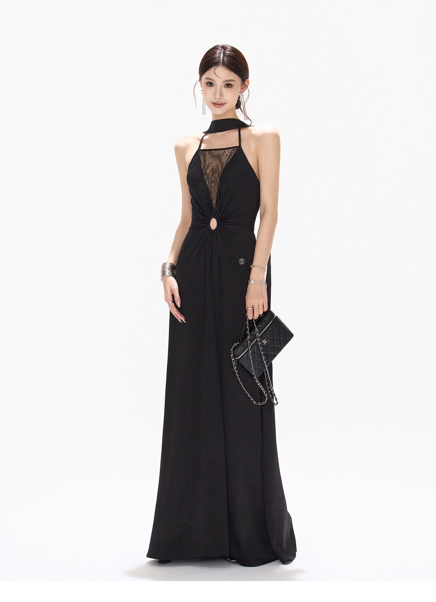【日本在庫 】HALTER LACE SATIN DRESS