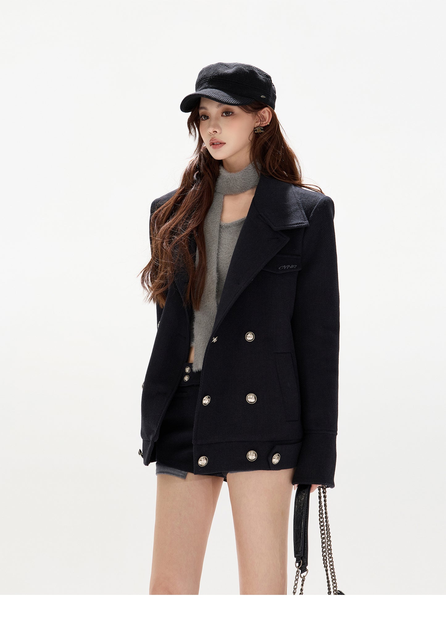 DOUBLE-BREASTED WOOL PADDED COAT WITH REMOVABLE FLEECE COLLAR