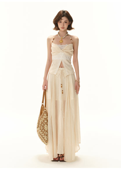 VACATION-STYLE BEADED HALTER TOP & FLOWY MAXI SKIRT SET