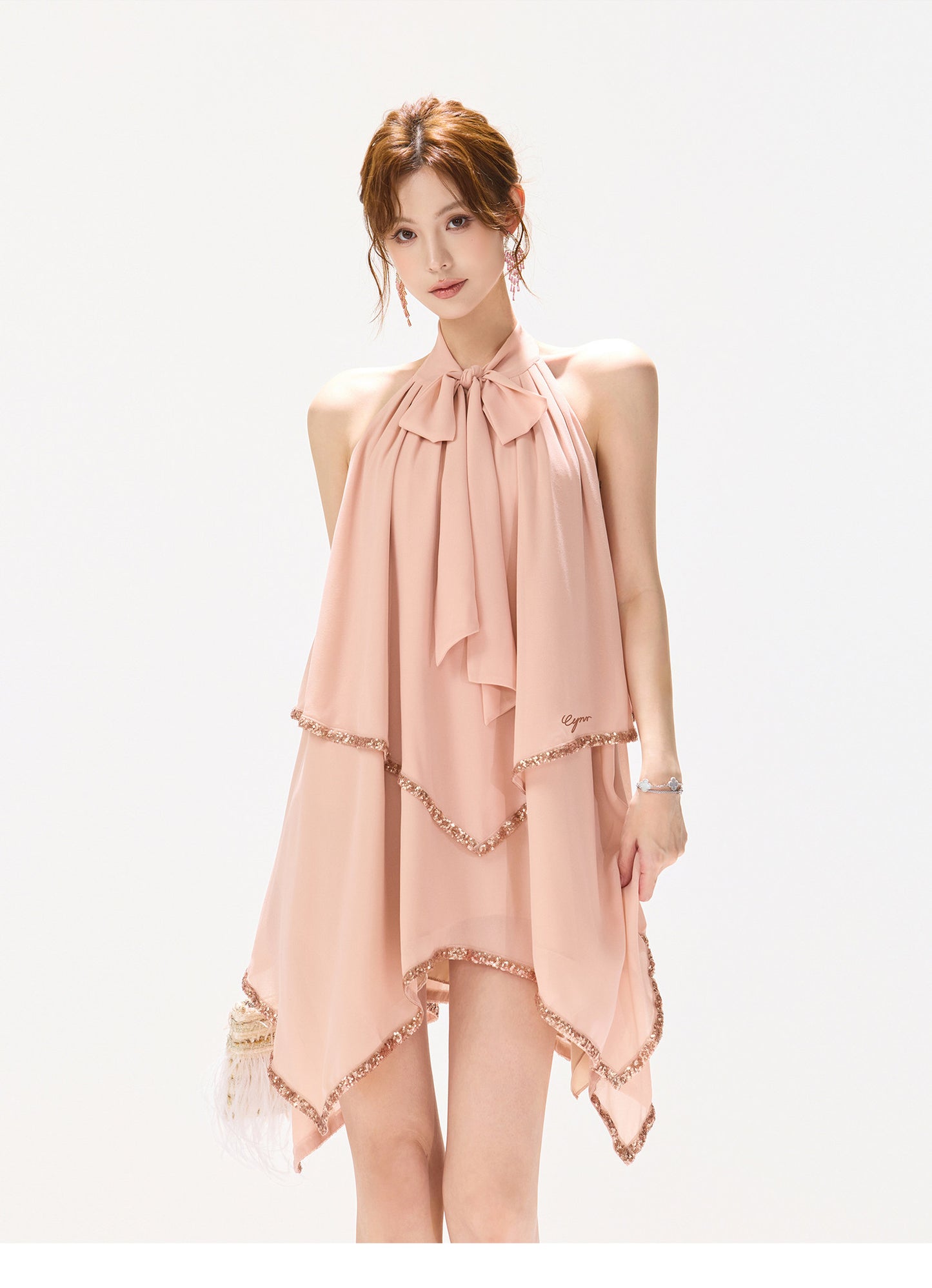 SEQUIN HALTER CASCADE DRESS