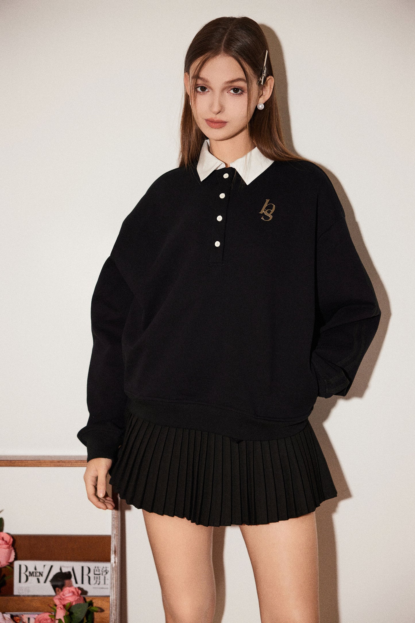 FAKE TWO PIECE POLO SWEATER & PLEATED MINI SKIRT