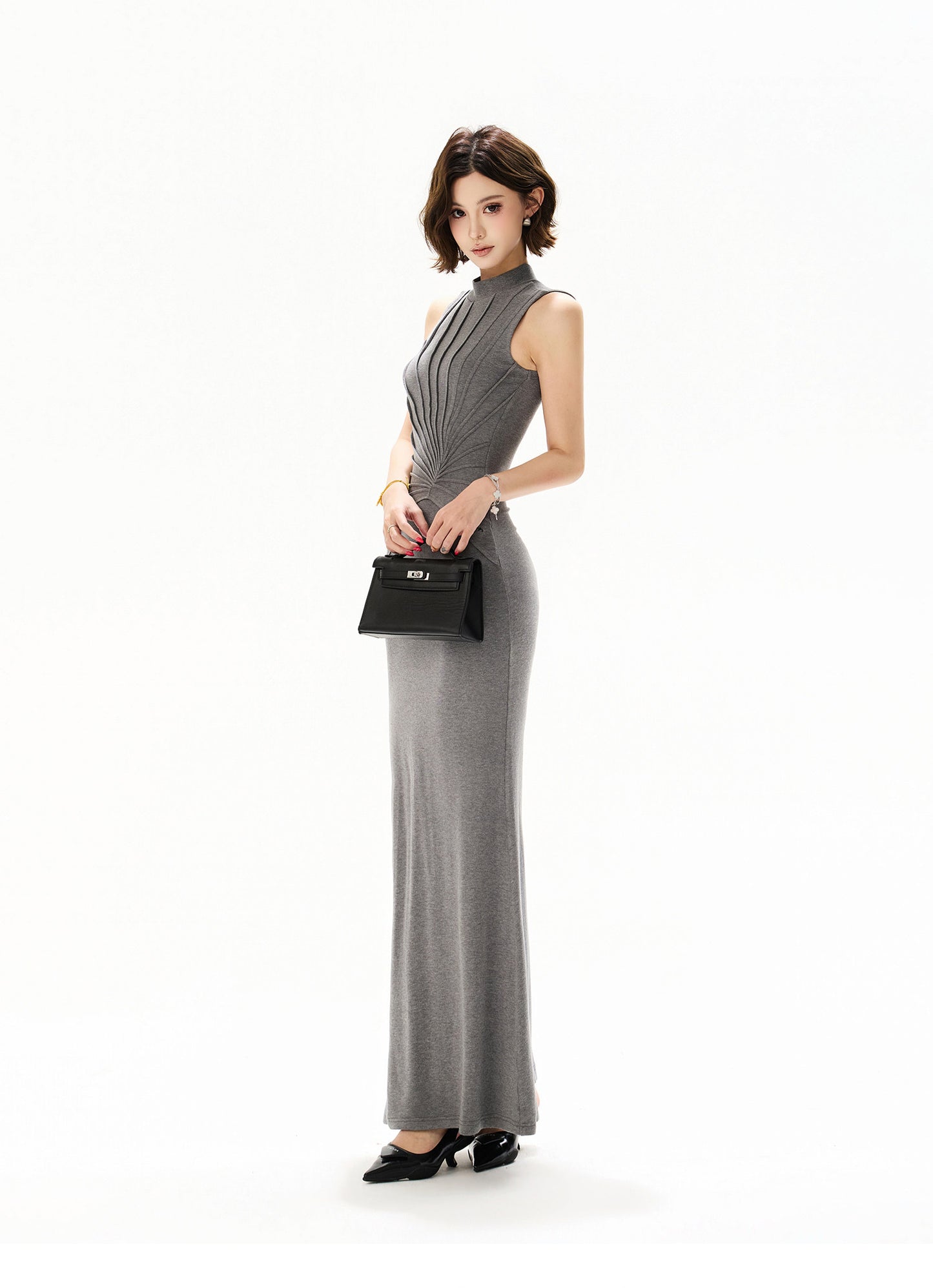 【日本在庫 】PLEATS SLIM KNIT DRESS