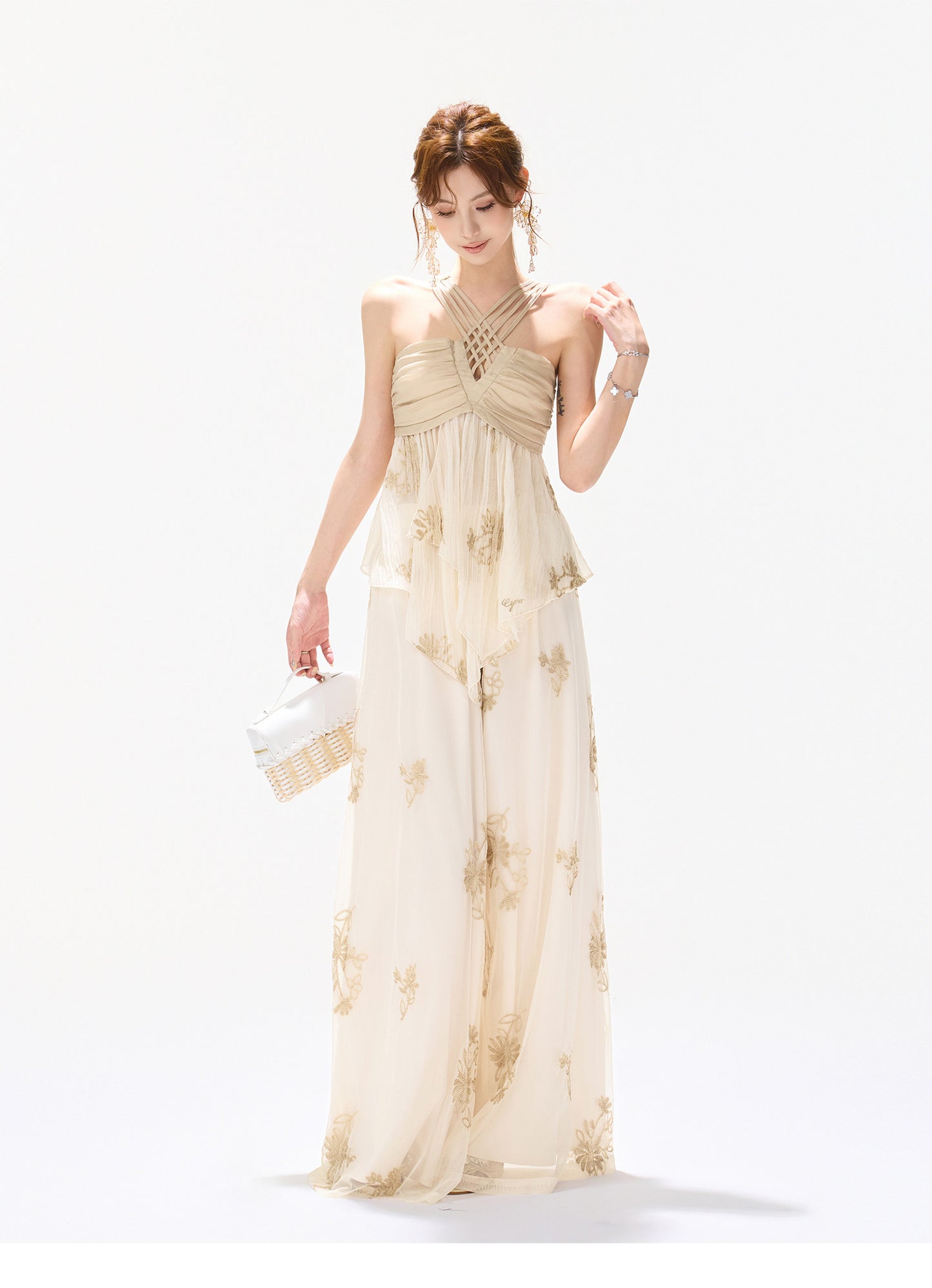EMBROIDERED CHIFFON HALTER SET