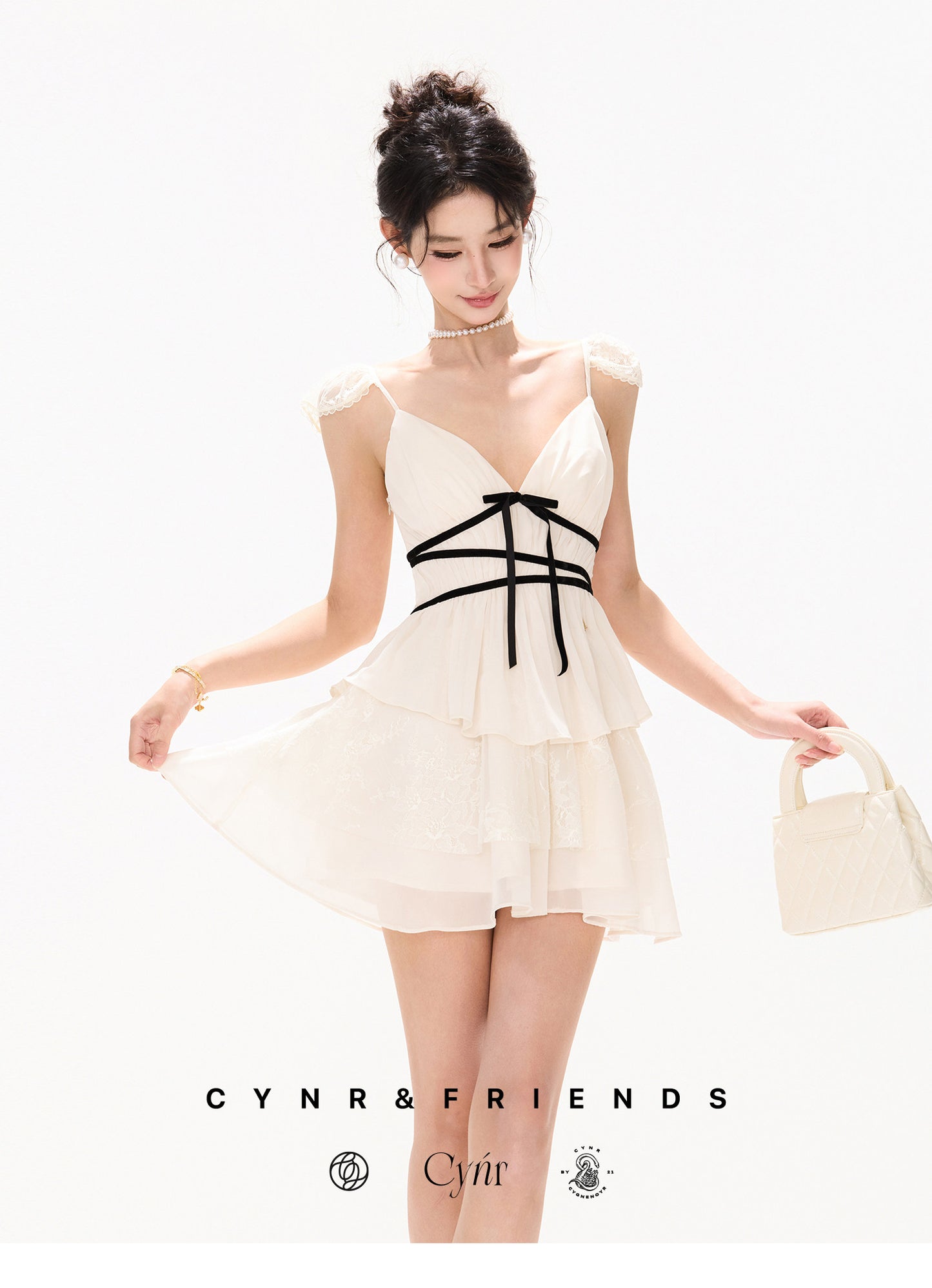 V-NECK BOW WAIST CHIFFON MINI DRESS
