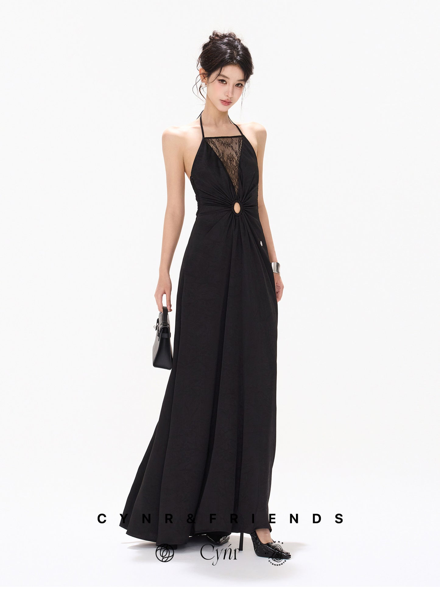 【日本在庫 】HALTER LACE SATIN DRESS