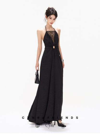 【日本在庫 】HALTER LACE SATIN DRESS