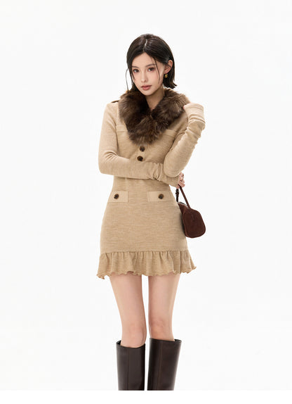 DETACHABLE FUR KNIT MINI DRESS