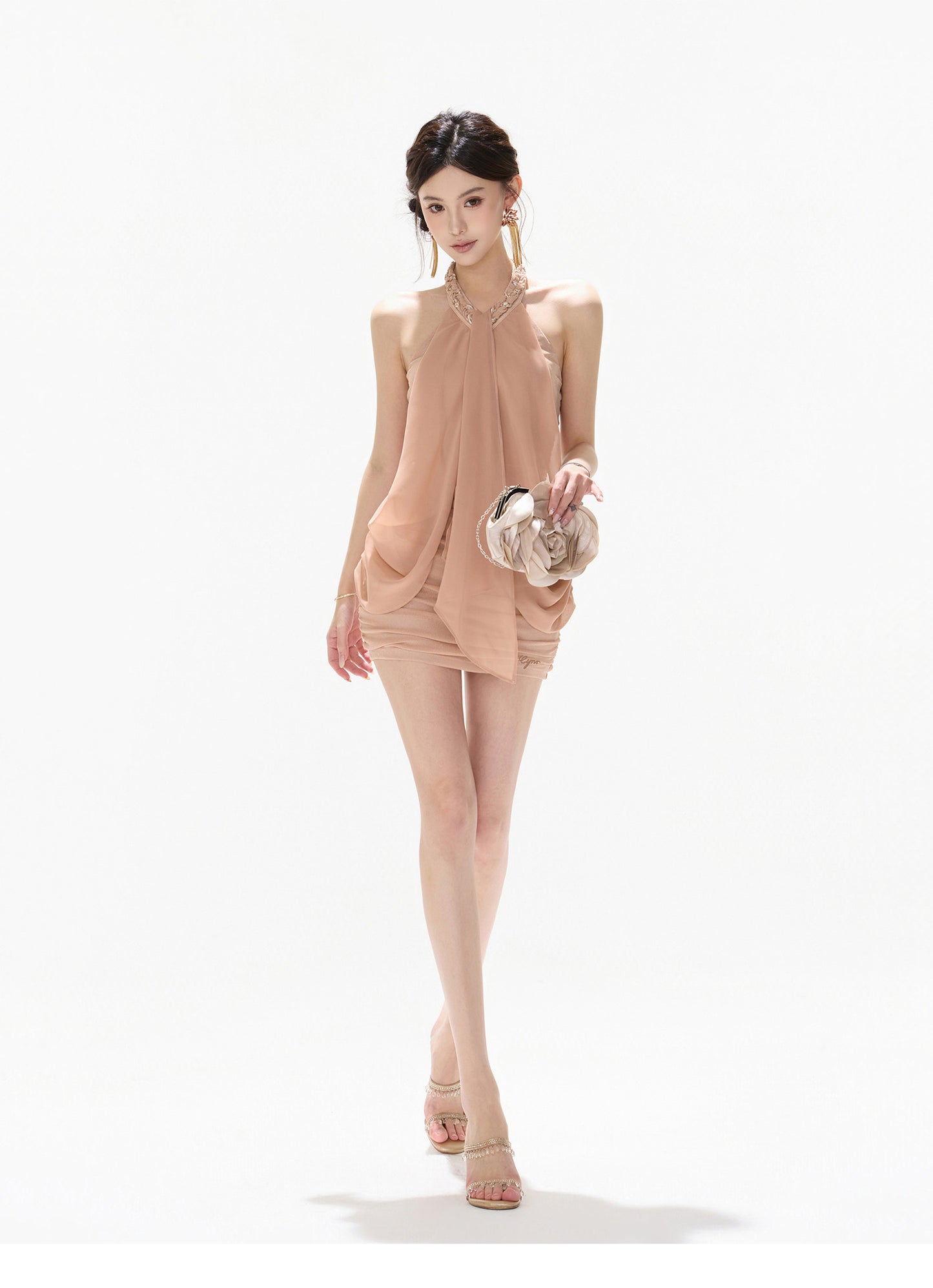 【日本在庫 】ARISTO HALTER MESH CHIFFON MINI DRESS