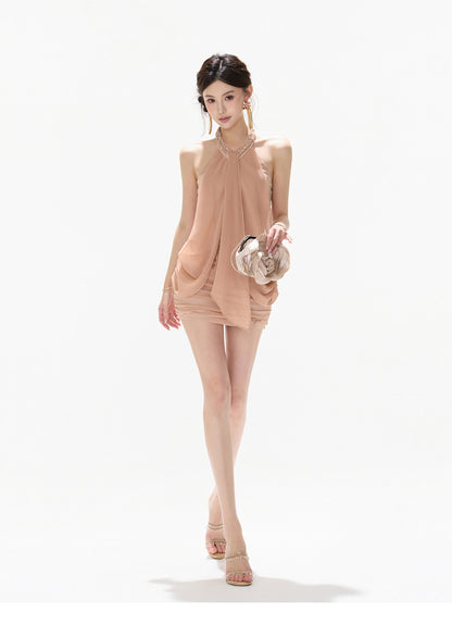 【日本在庫 】ARISTO HALTER MESH CHIFFON MINI DRESS