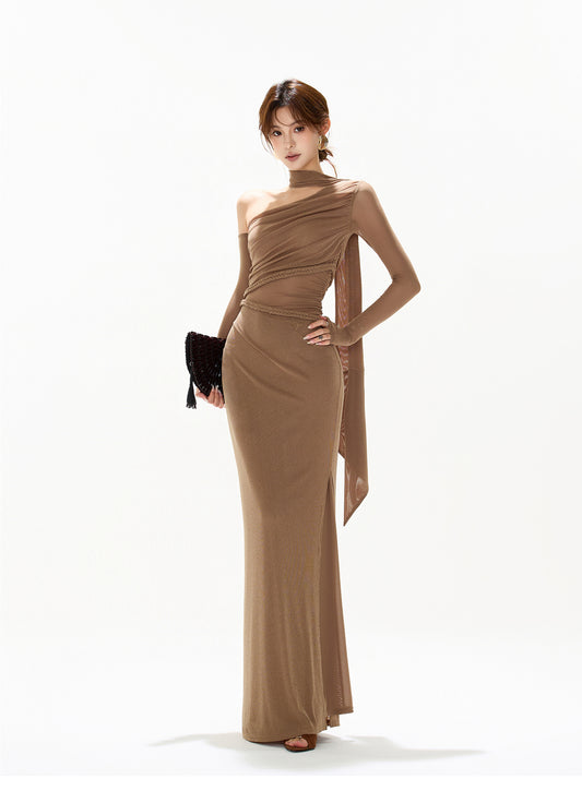 FRENCH RETRO MESH SLIM LONG DRESS