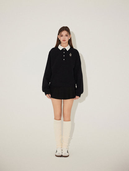 FAKE TWO PIECE POLO SWEATER & PLEATED MINI SKIRT