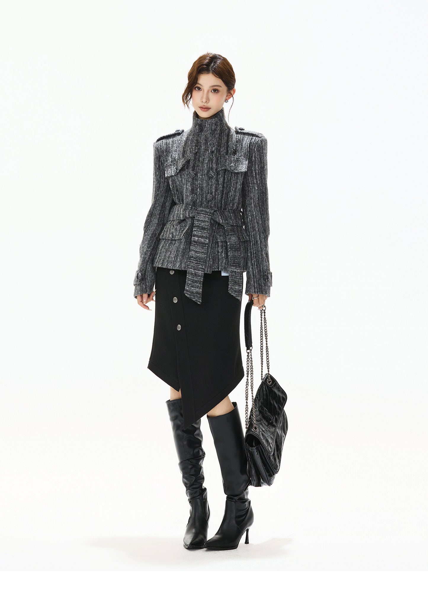 STRIPED TWEED WAISTED WOOL COAT