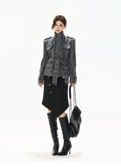 STRIPED TWEED WAISTED WOOL COAT